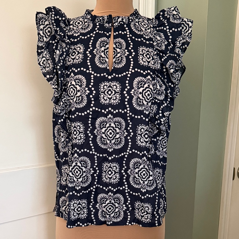 Ann Taylor Elegant Navy and White Patterned Ruffle Blouse Size Medium